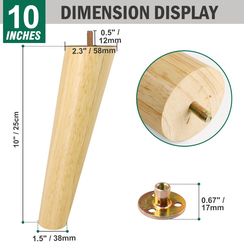 FoDau770 Rubber Wood Furniture Legs 10 Inches, Slant Tapered Wood Legs Mid Century Sofa Legs Set of 4, 5/16"" UNC Furniture Feet Replacement Legs for Cabinet Sofa Couch Dresser Chair Ottoman Table - Image 3
